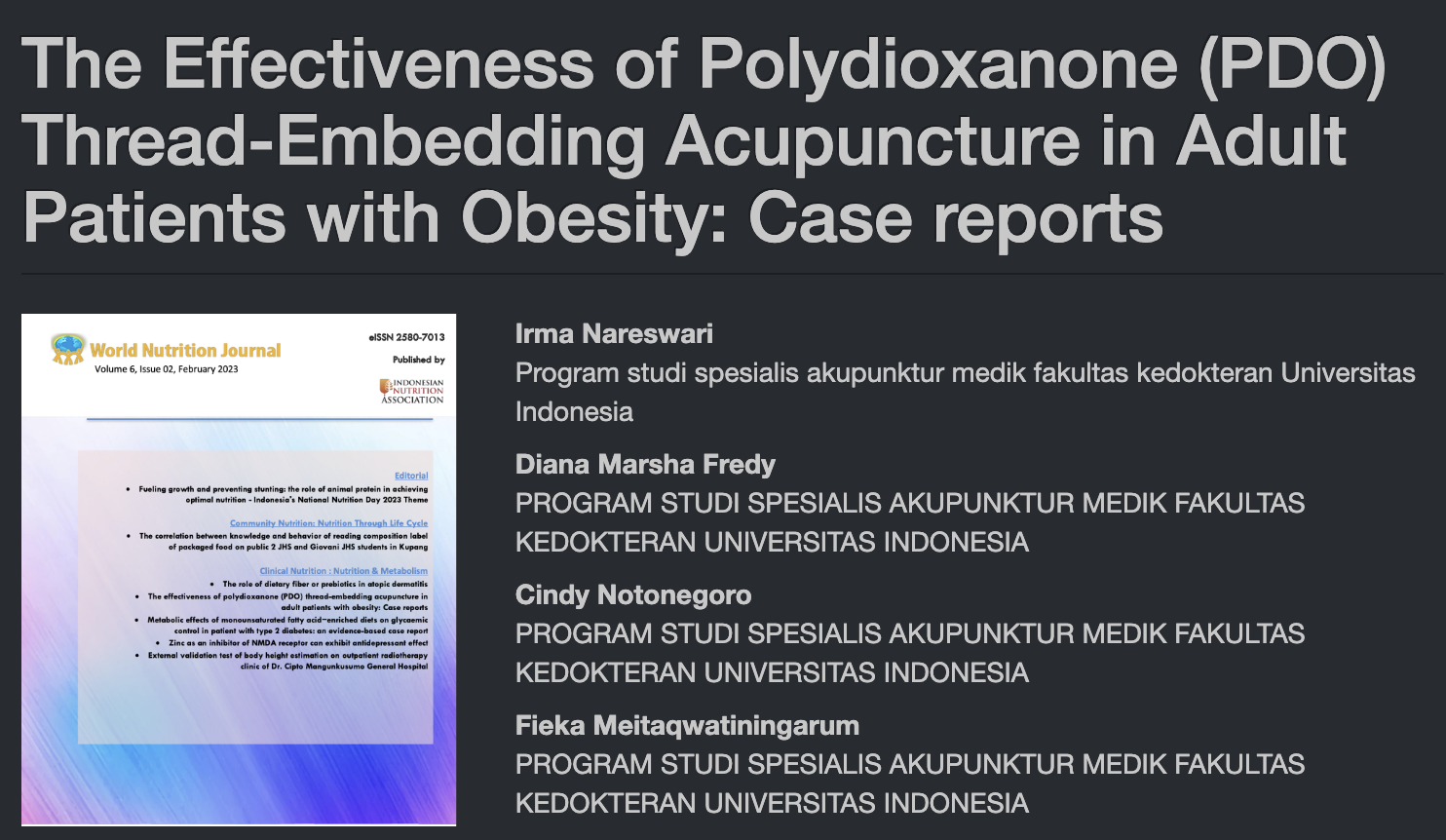 The Effectiveness of Polydioxanone (PDO) Thread-Embedding Acupuncture in Adult Patients with Obesity: Case reports - The Effectiveness of Polydioxanone (PDO) Thread-Embedding Acupuncture in Adult Patients with Obesity: Case reports -
