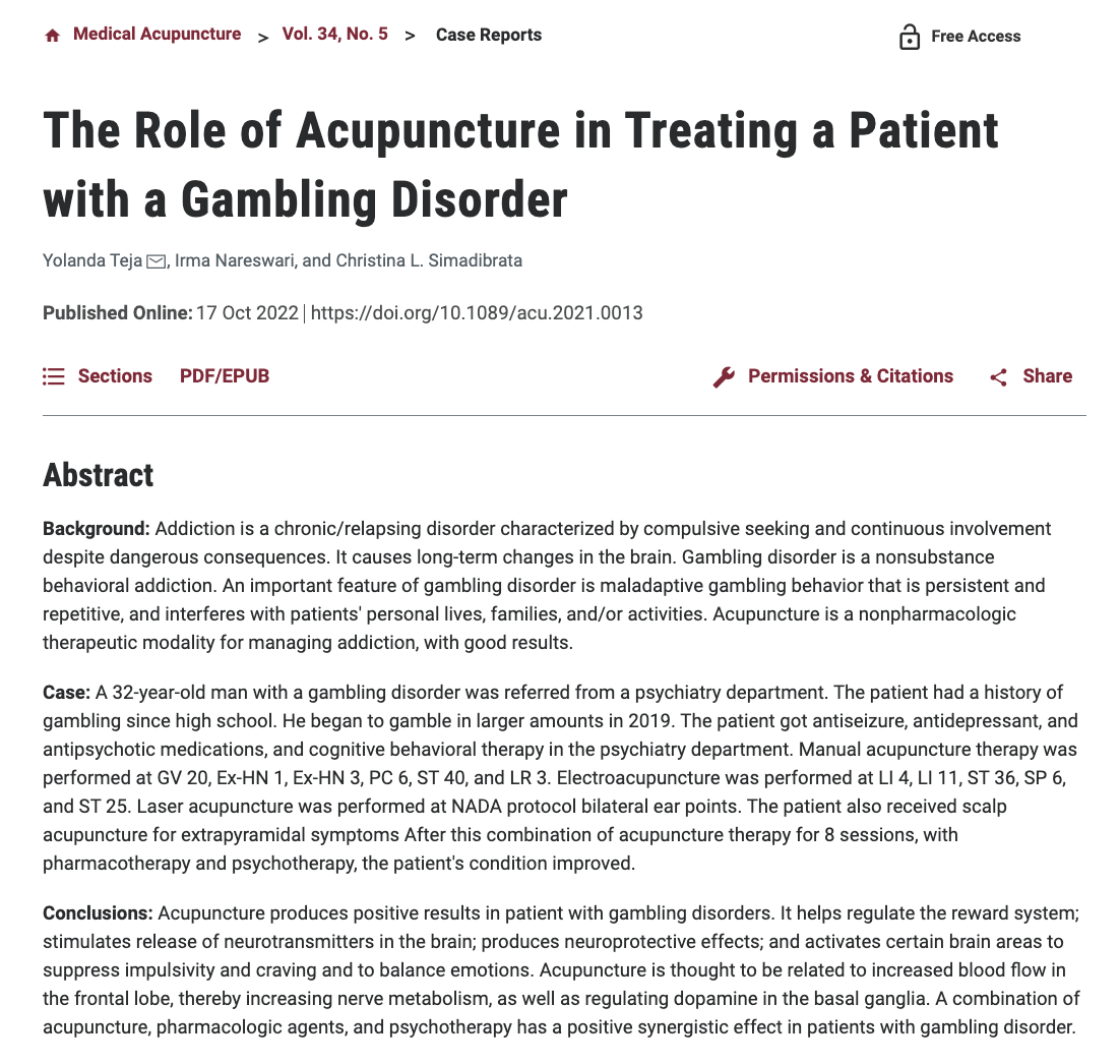 The Role of Acupuncture in Treating a Patient with a Gambling Disorder - The Role of Acupuncture in Treating a Patient with a Gambling Disorder -